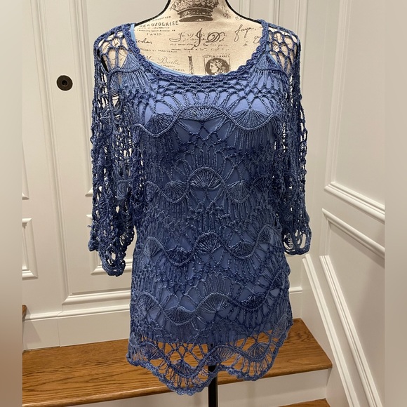 Crochet Periwinkle blue 3/4 sleeve sweater S/M - Picture 1 of 8